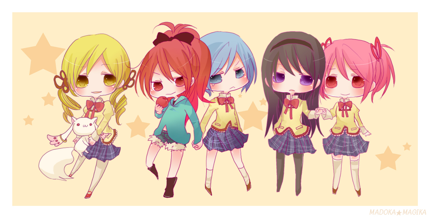 akemi_homura, black_hair, blonde_hair, blue_eyes, blue_hair, chibi, kaname_madoka, kyuubee