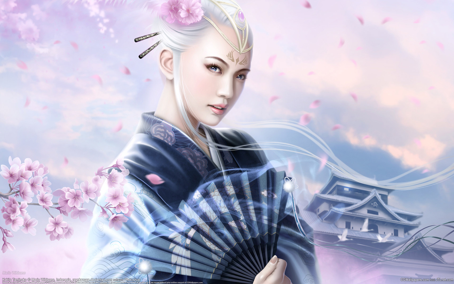 fan, mario_wibisono, petals, white_hair