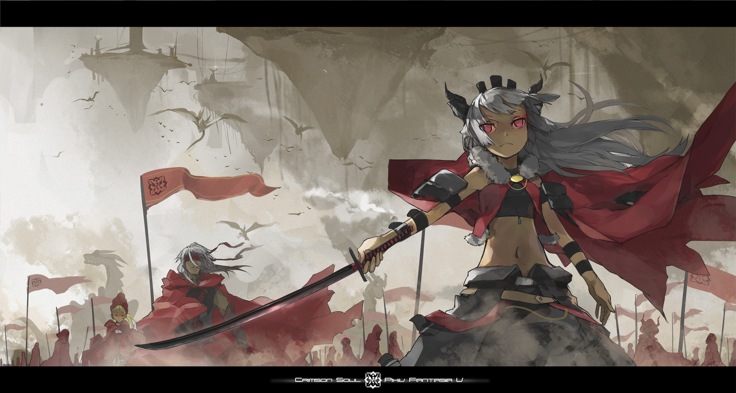 blonde_hair, cape, dragon, gray_hair, headband, horns, jong_tu, katana, long_hair, navel, original, pink_eyes, pixiv_fantasia, sword, weapon