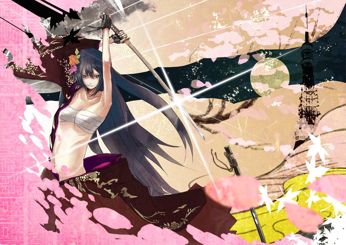aqua_eyes, black_hair, flowers, gloves, kamui_gakuko, katana, leaves, long_hair, sarashi, sword, underwear, vocaloid, weapon