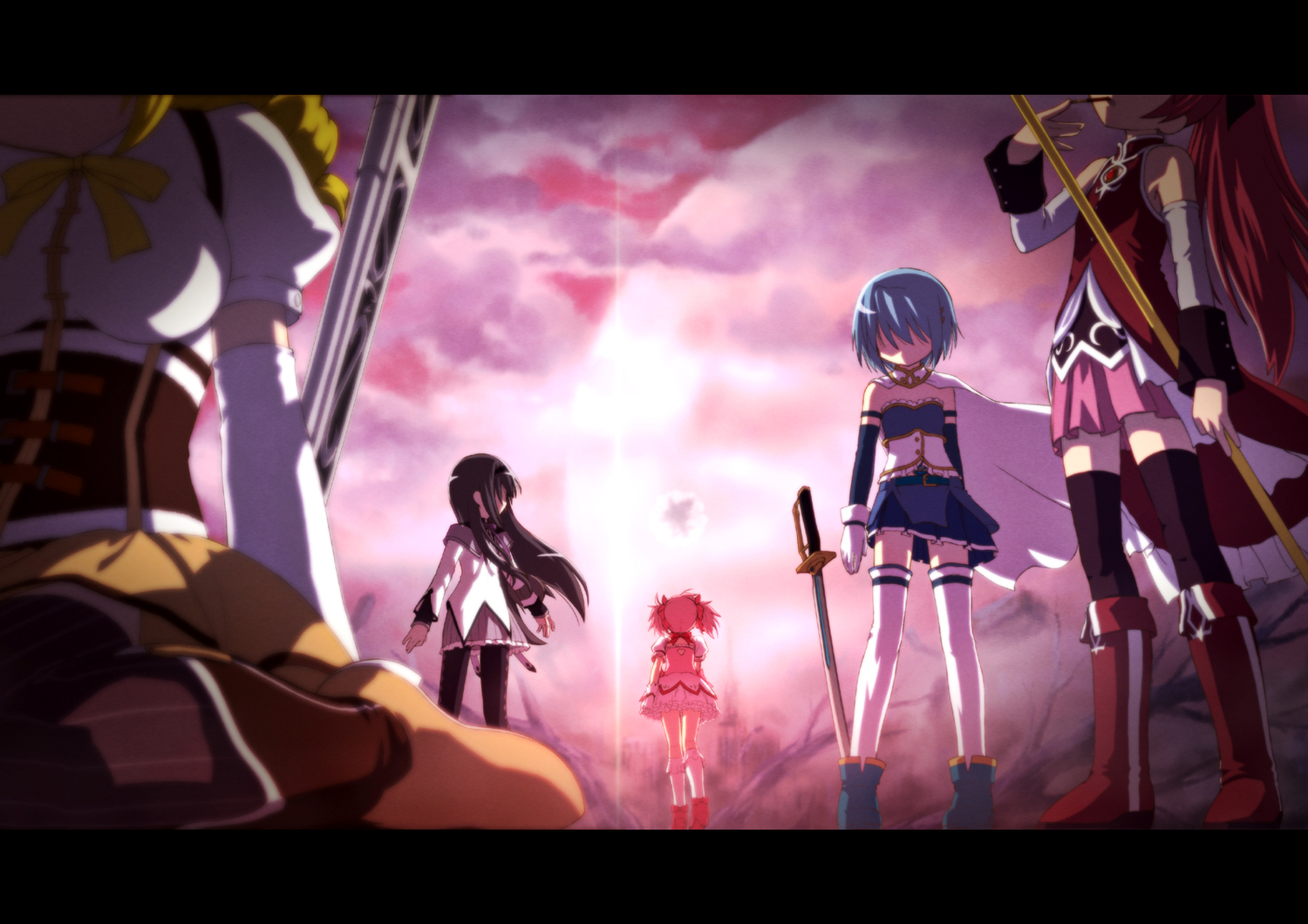 akemi_homura, food, gun, hirohito, kaname_madoka, mahou_shoujo_madoka_magica, miki_sayaka, pocky, sakura_kyouko, sword, tomoe_mami, weapon