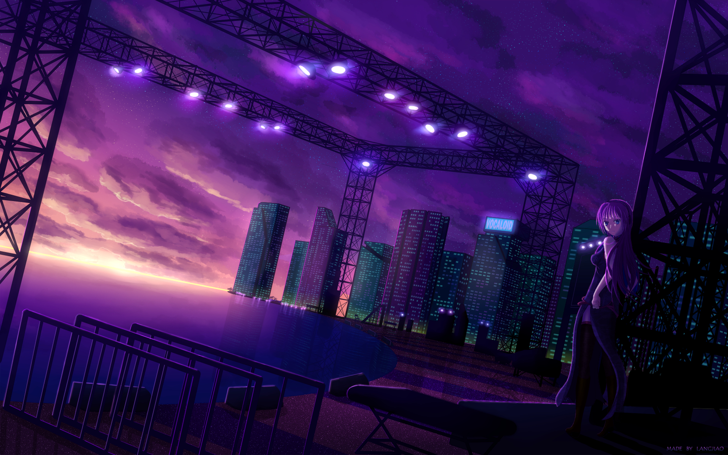 building, clouds, langjiao, megurine_luka, purple, scenic, sky, stars