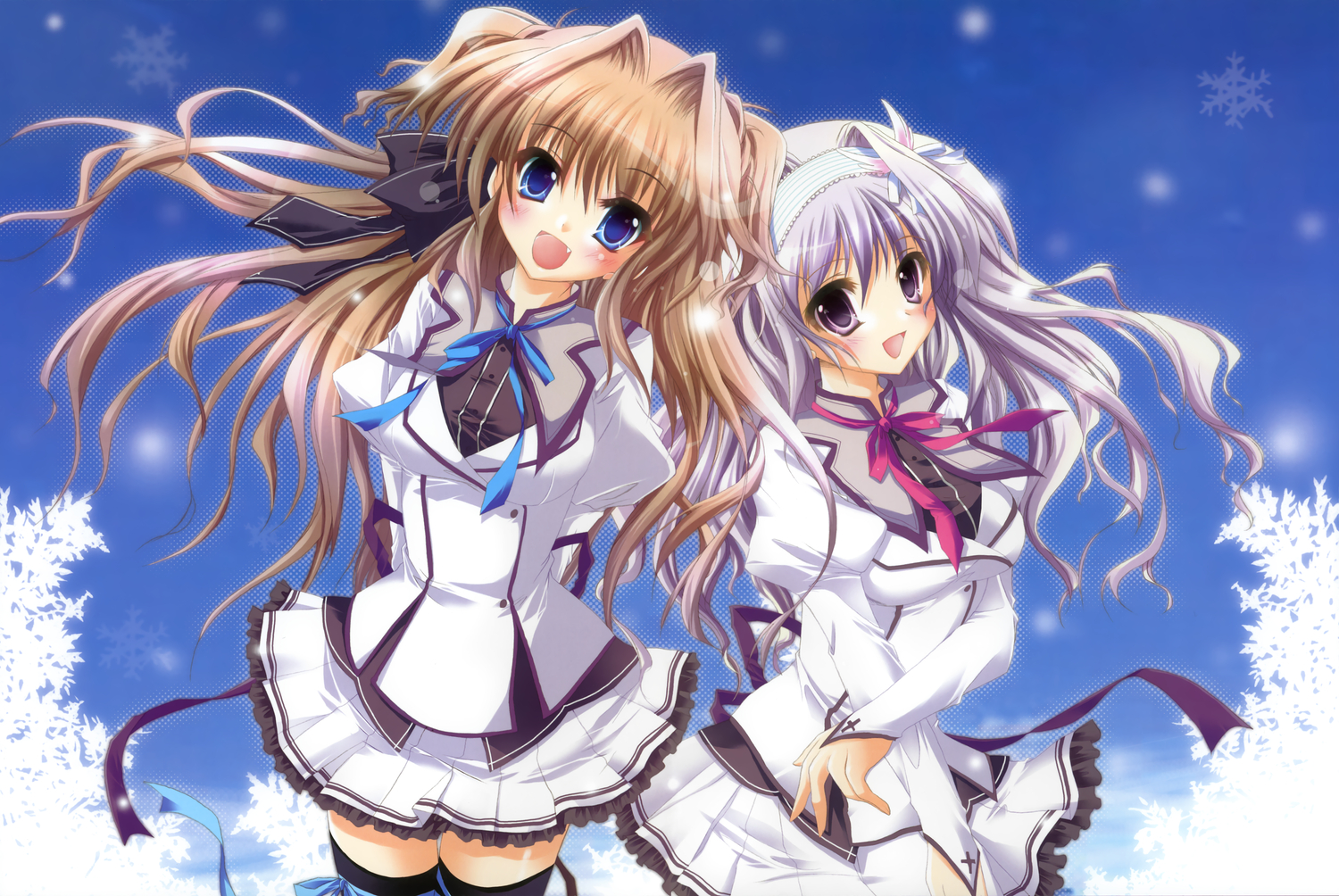2girls, amaha_miu, blue_eyes, brown_hair, fang, gray_hair, izumi_tsubasu, mashiroiro_symphony