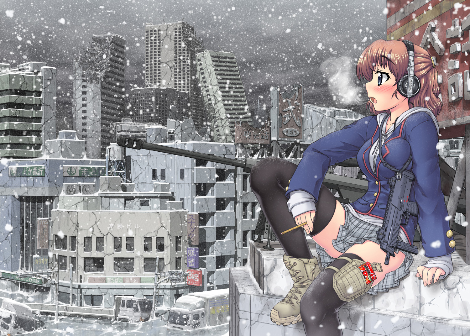 blue_eyes, boots, brown_hair, building, city, food, gun, hase_yuu, headphones, original, rooftop, ruins, short_hair, skirt, snow, thighhighs, weapon