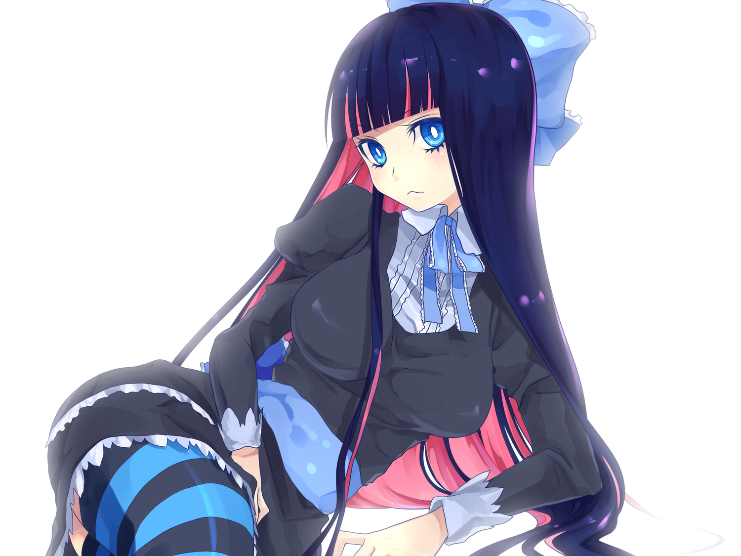 black_hair, blue_eyes, bow, hanasaki_mahiru, panty_&_stocking_with_garterbelt, stocking_(character), thighhighs, white