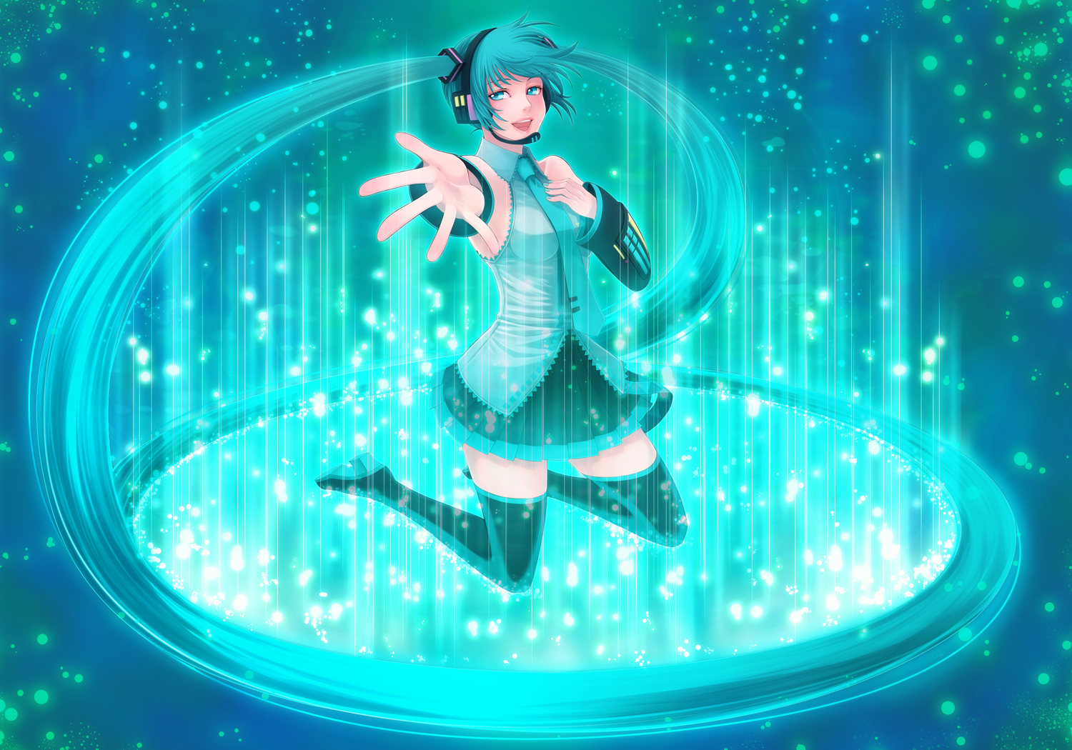 aqua_hair, green_eyes, hatsune_miku, long_hair, microphone, takatsuki_kahiro, thighhighs, tie