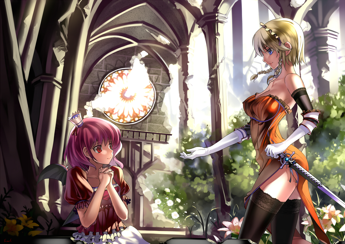 2girls, blonde_hair, blue_eyes, crown, elbow_gloves, gloves, izayoi_sakuya, maid