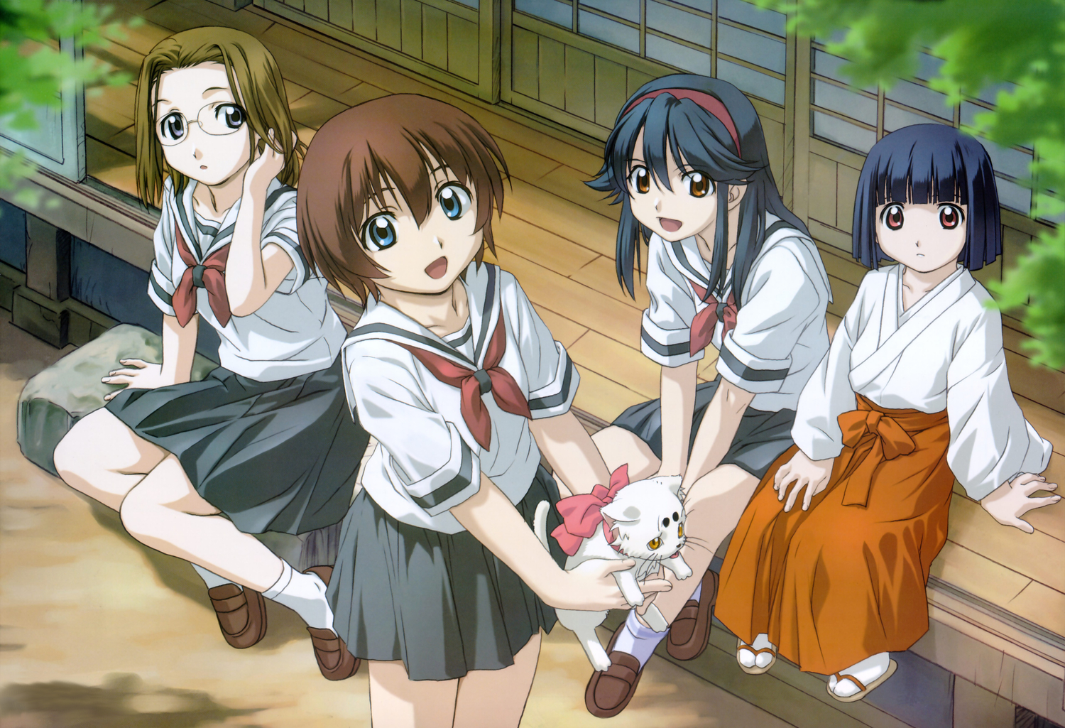 hitotsubashi_yurie, japanese_clothes, kamichu, megami, miko, saegusa_matsuri, saegusa_miko, scan, school_uniform, shijou_mitsue, uon_taraku