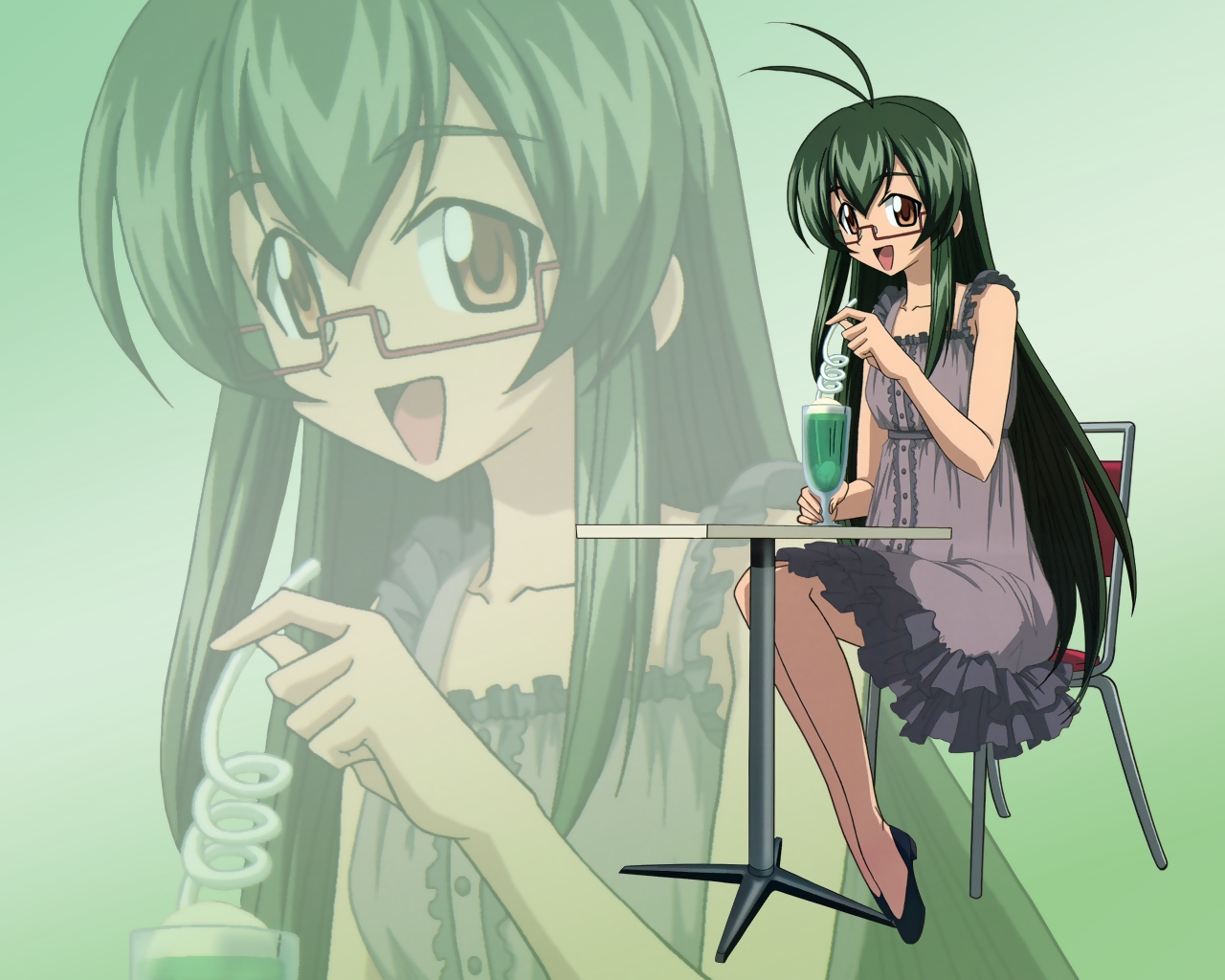 dress, drink, glasses, green_hair, long_hair, mahou_sensei_negima, saotome_haruna, vector