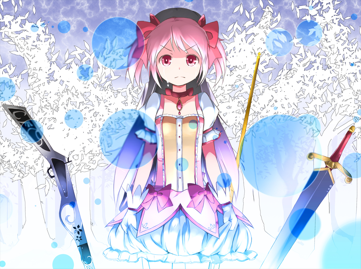 2girls, akemi_homura, gun, kaname_madoka, mahou_shoujo_madoka_magica, masaki_eiji, sword, weapon