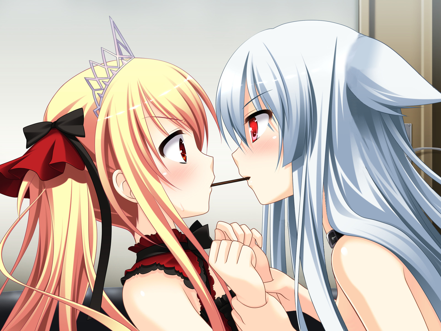 animal_ears, blonde_hair, bloody_rondo, blush, collar, food, foxgirl, luna_freed_queen, lynette_vance, makita_maki, pocky, red_eyes, shoujo_ai, third-party_edit, white_hair