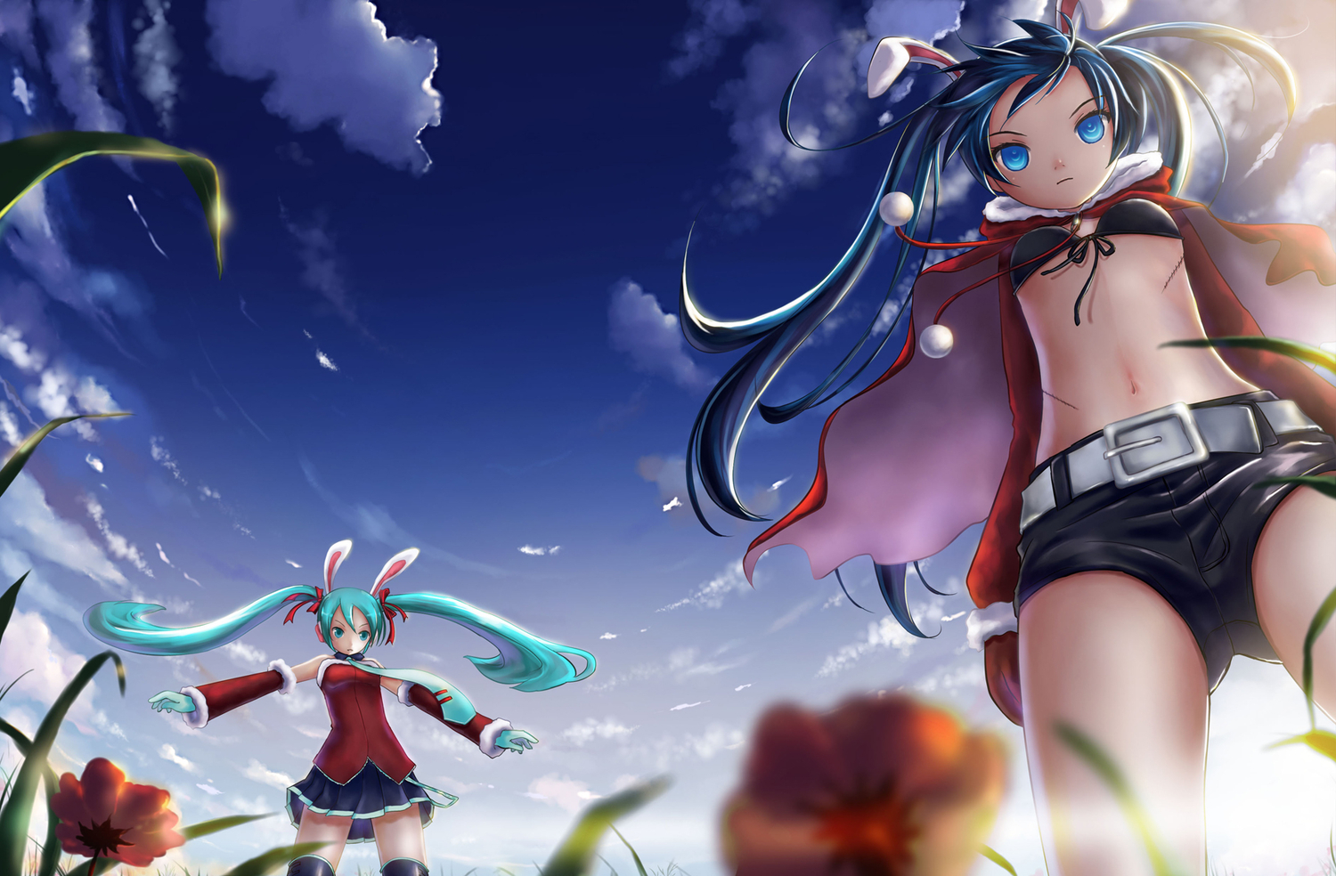 animal_ears, aqua_eyes, aqua_hair, black_hair, black_rock_shooter, blue_eyes, bunny_ears, bunnygirl, clouds, crossover, flowers, gloves, hatsune_miku, kuroi_mato, long_hair, shorts, sky, thighhighs, tie, twintails, vocaloid, yy