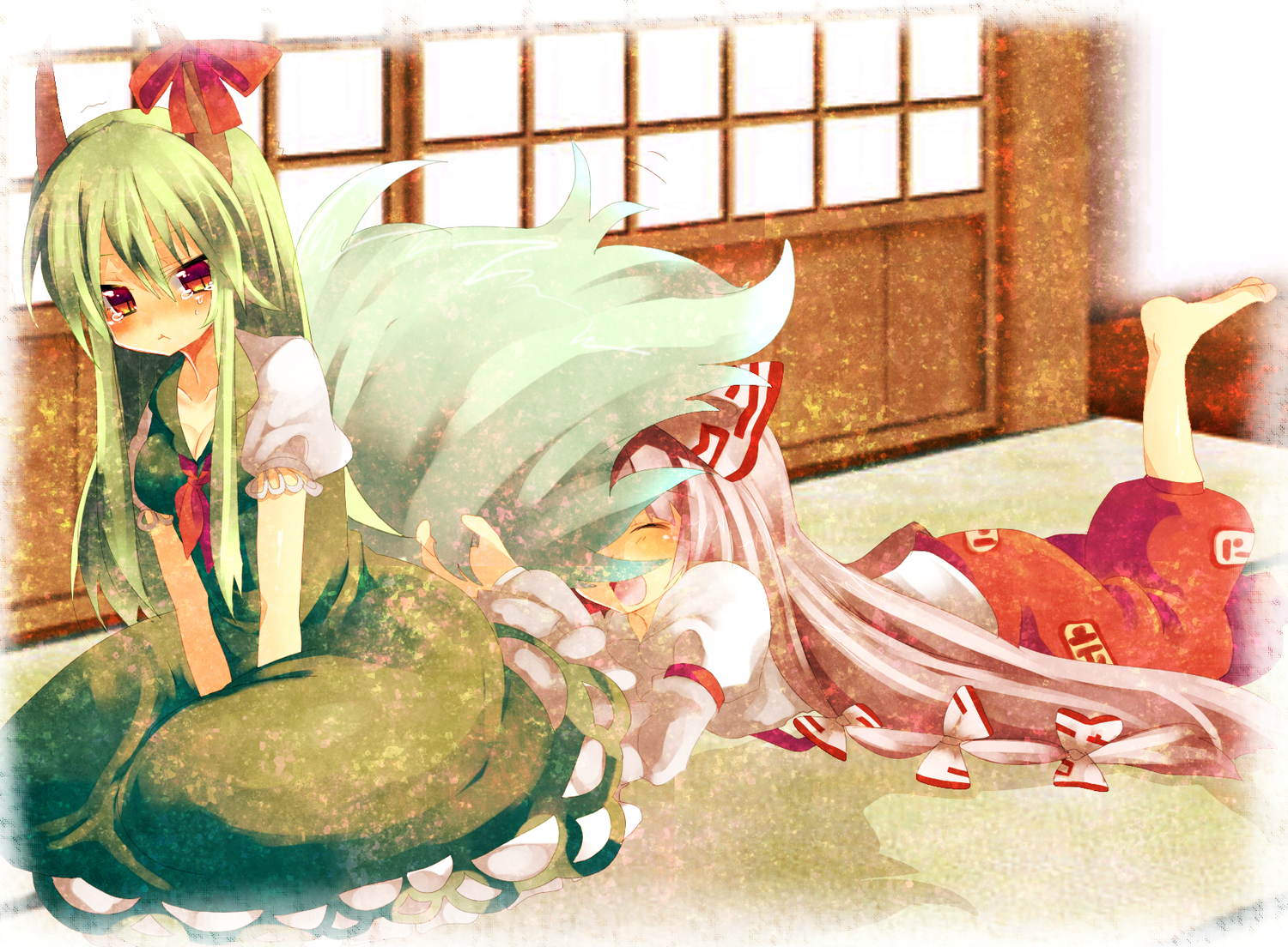 breasts, cleavage, ex_keine, fujiwara_no_mokou, green_hair, hetaling, horns, kamishirasawa_keine, ribbons, tail, tears, touhou, white_hair