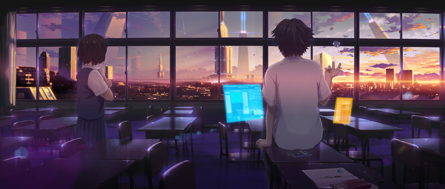book, building, city, clouds, isai_shizuka, original, scenic, school_uniform, sky, sunset