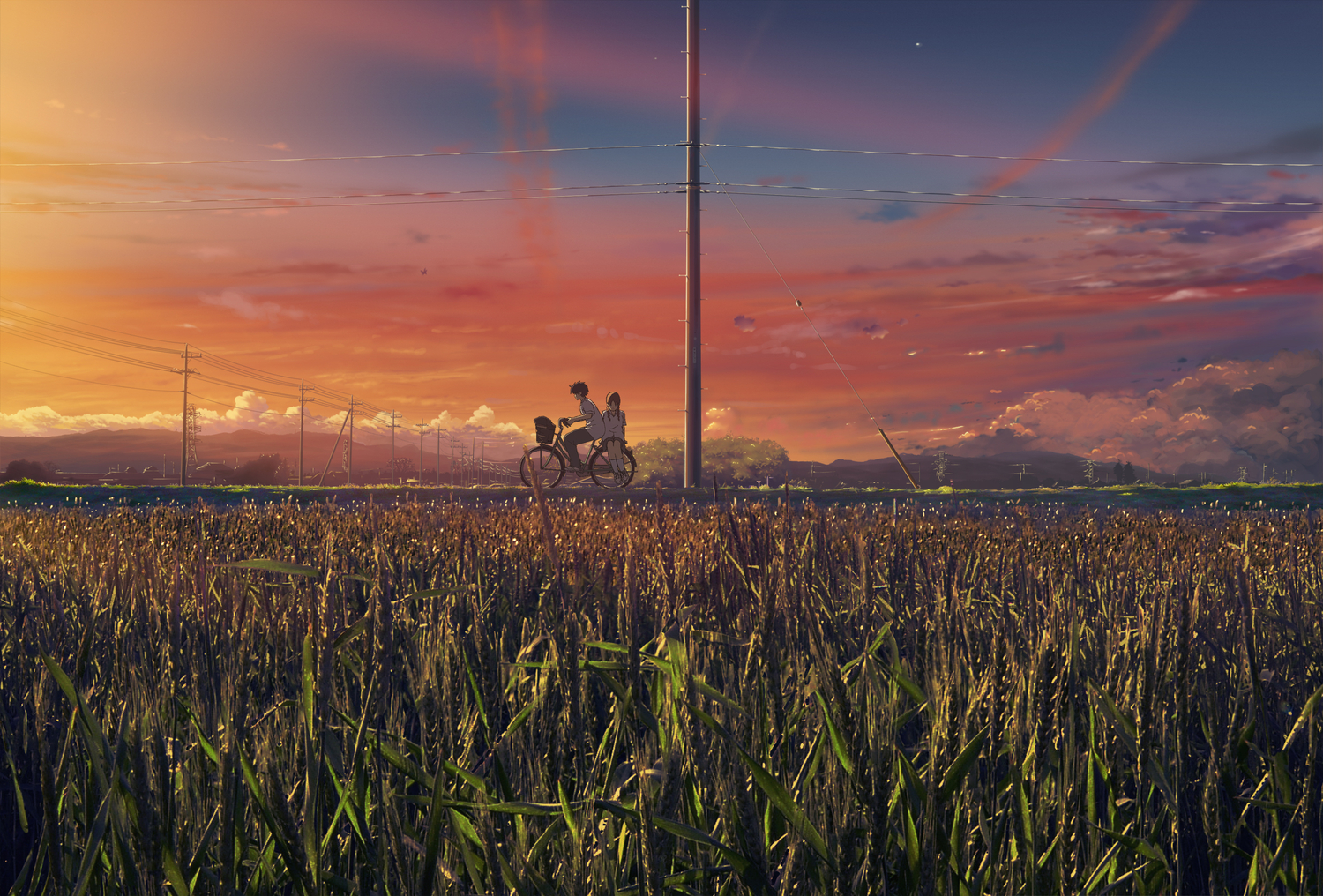 bicycle, brown_hair, clouds, isai_shizuka, original, scenic, school_uniform, sky, sunset