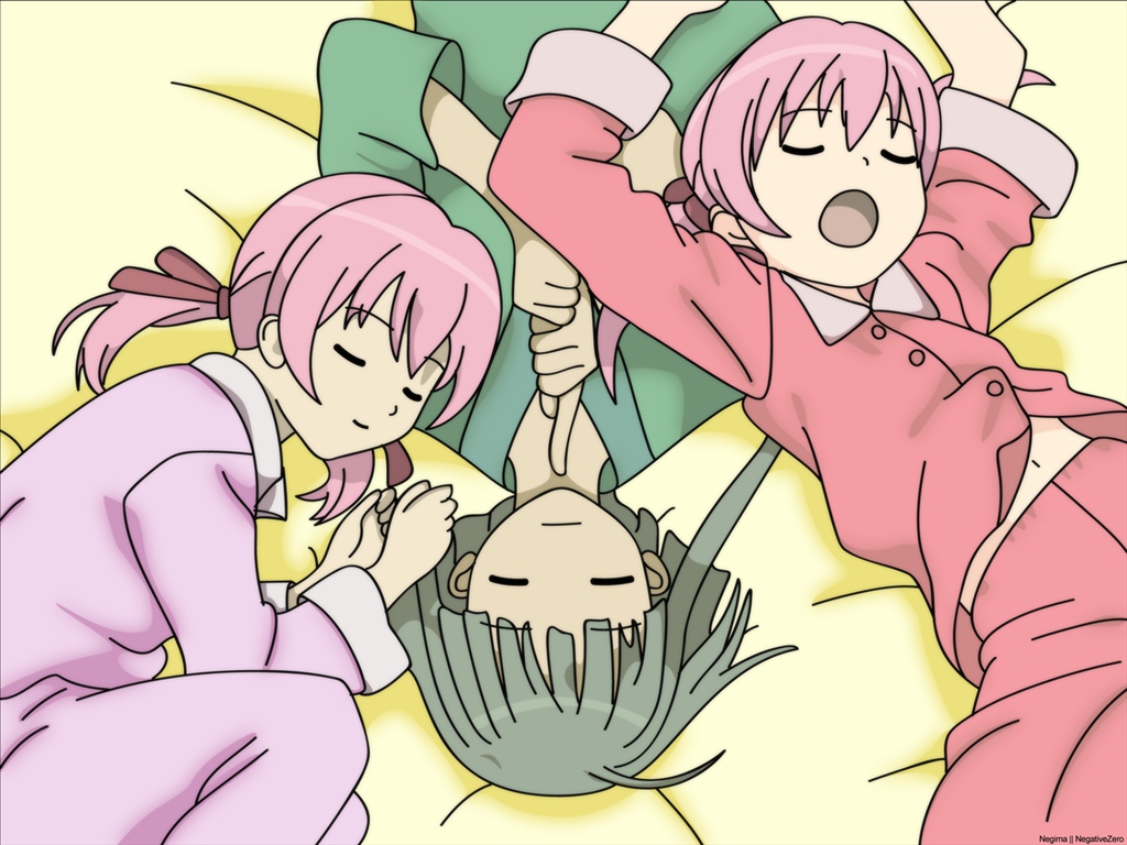 mahou_sensei_negima, nagase_kaede, narutaki_fumika, narutaki_fuuka, pajamas, pink_hair, sleeping, twins