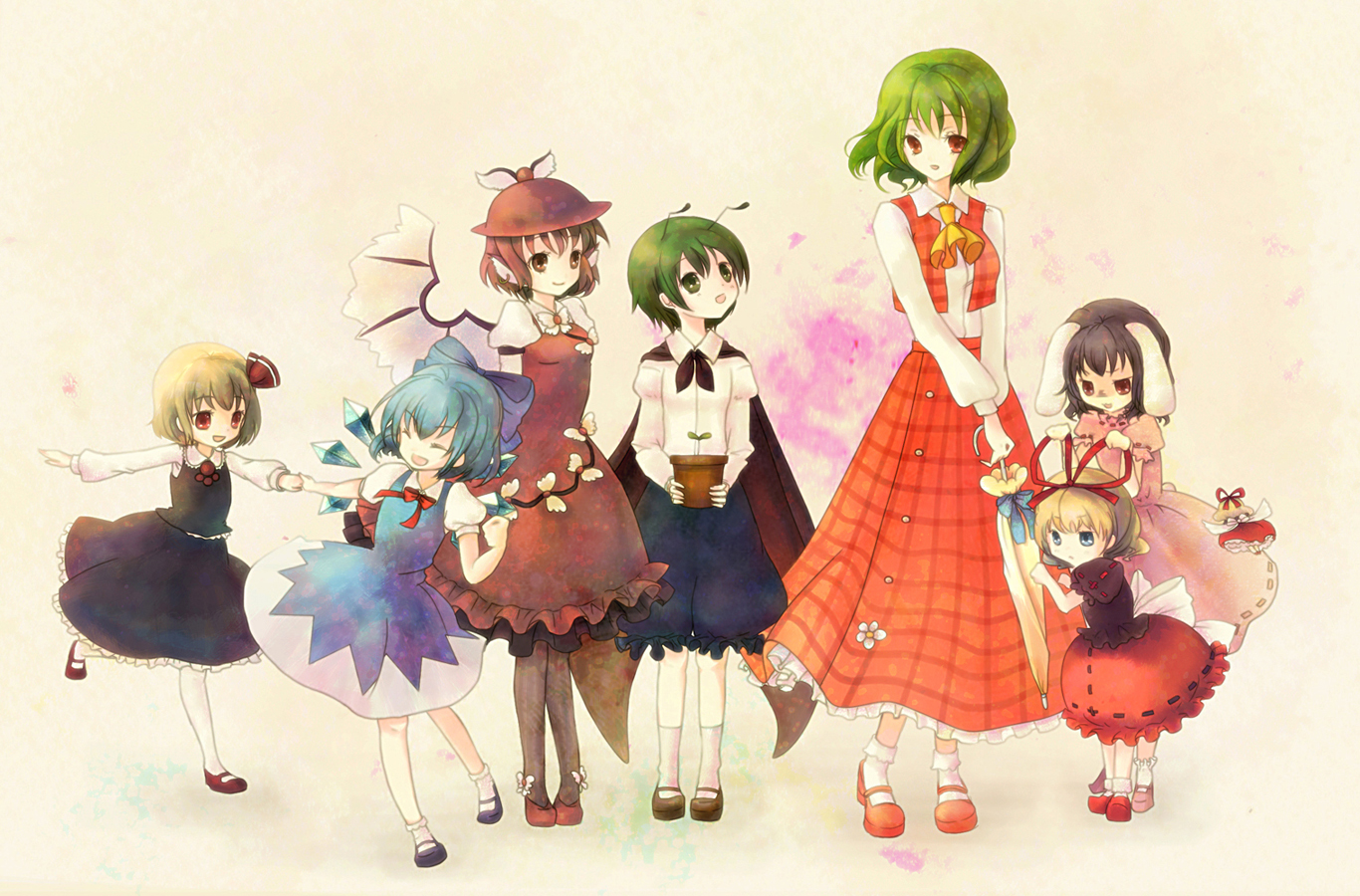 animal_ears, bunny_ears, bunnygirl, cirno, fairy, group, inaba_tewi, kazami_yuuka, kinokobatake, medicine_melancholy, mystia_lorelei, rumia, touhou, wriggle_nightbug