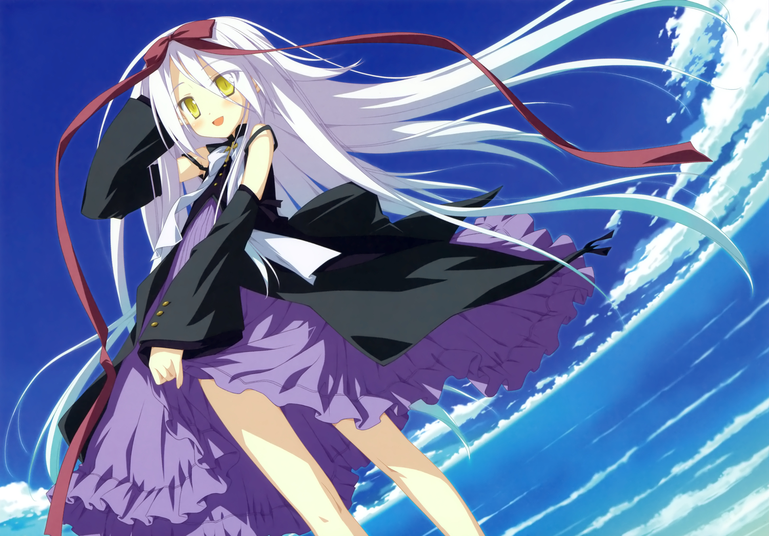 dress, hoshizora_no_memoria, long_hair, mare_s_ephemeral, scan, shida_kazuhiro, sky, white_hair