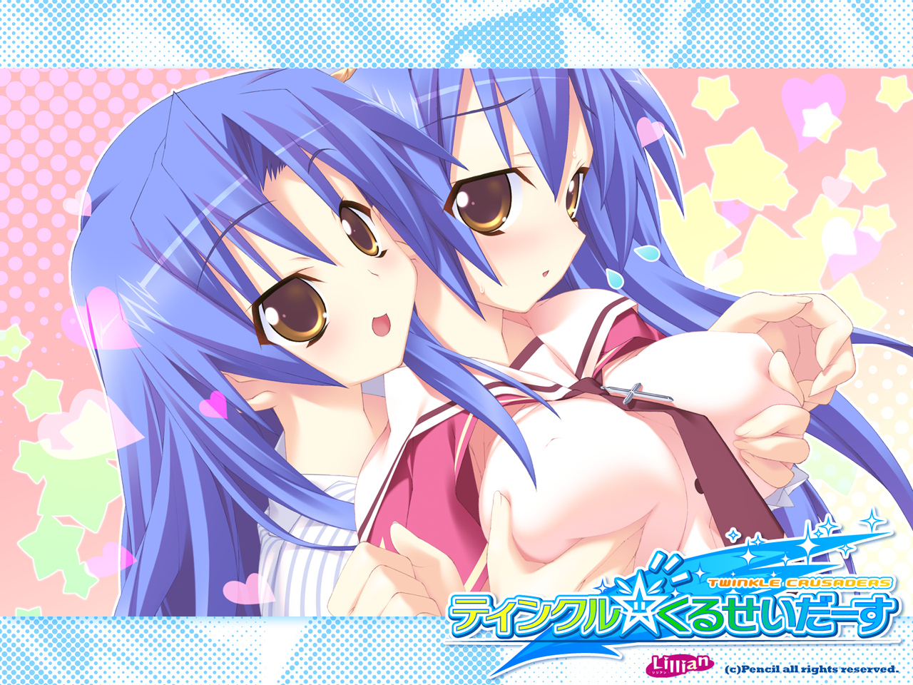 blue_hair, breast_grab, brown_eyes, kannagi_rei, kujou_herena, kujou_ria, long_hair, school_uniform, tie, twinkle_crusaders