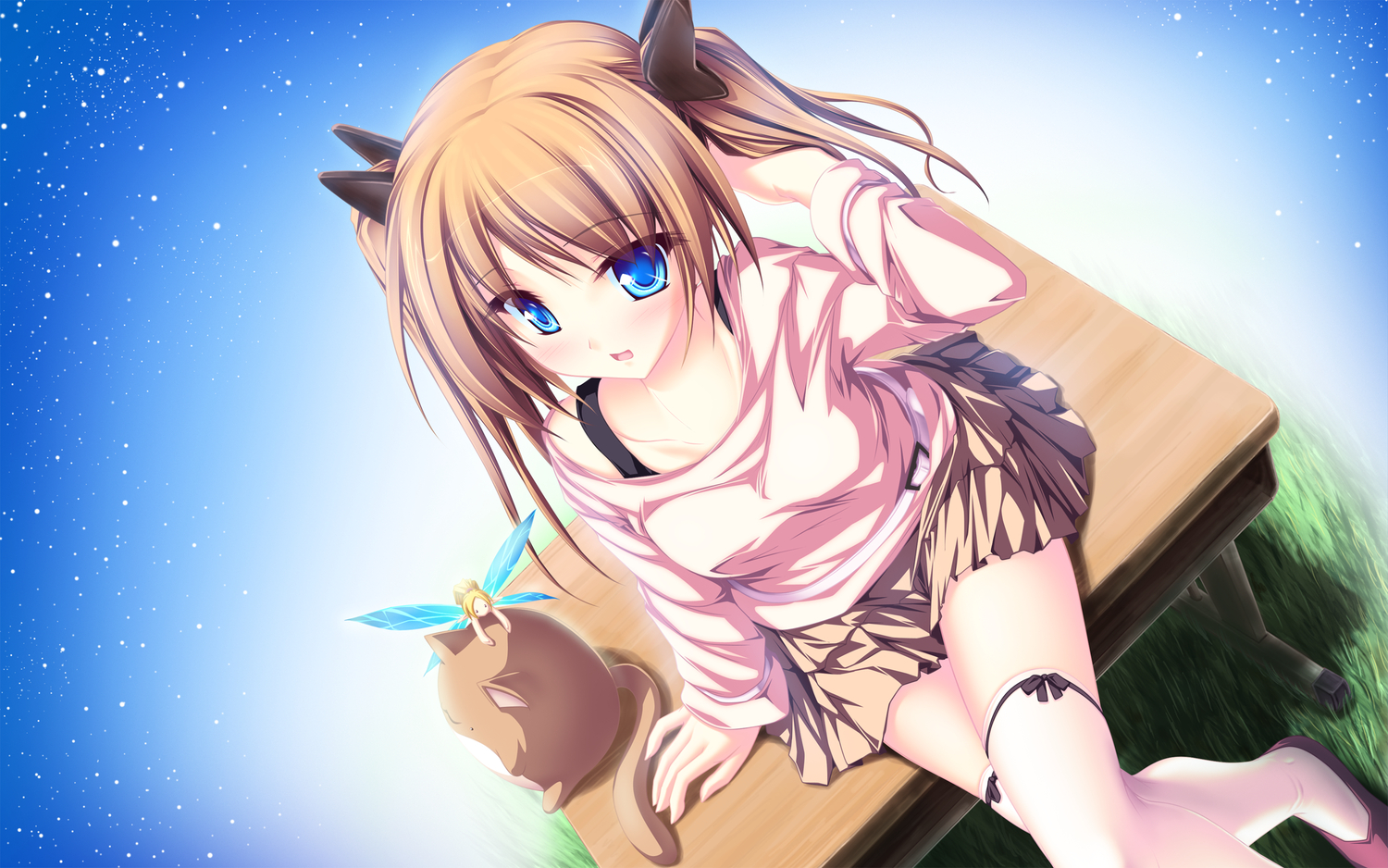 blue_eyes, brown_hair, fairy, grass, hisagihara_ui, long_hair, skirt, suzukaze_no_melt, tenmaso, thighhighs, twintails, whirlpool, wings