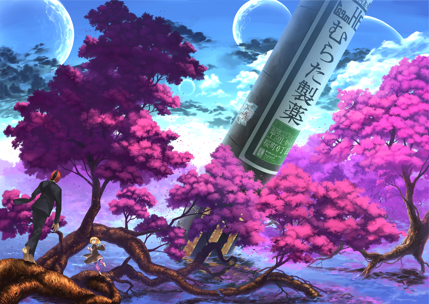 black_hair, blonde_hair, blue_eyes, cherry_blossoms, flowers, green_eyes, mask, midori_no_ruupe, moon, original, petals, scenic, tagme, tree, water