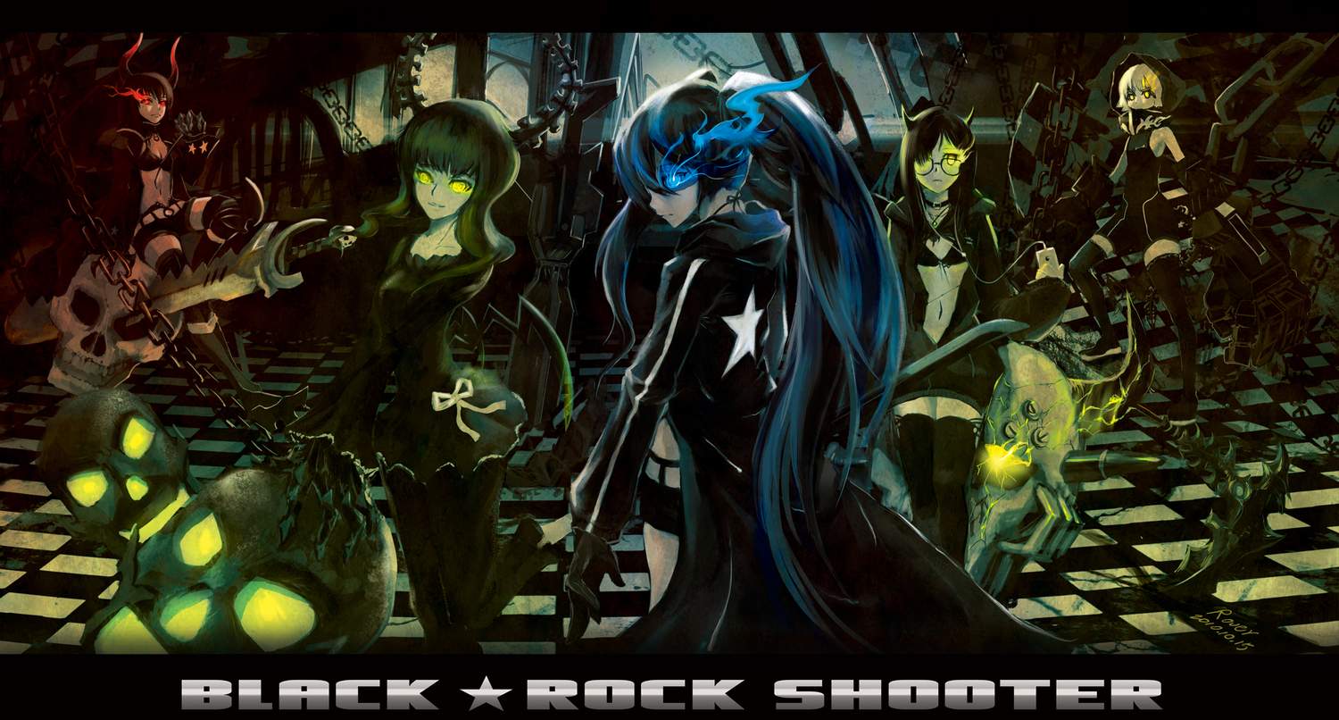 black_devil_girl, black_hair, black_rock_shooter, blonde_hair, blue_eyes, glasses, green_eyes, hood, horns, irino_saya, koutari_yuu, kuroi_mato, long_hair, rover, scythe, skull, takanashi_yomi, weapon