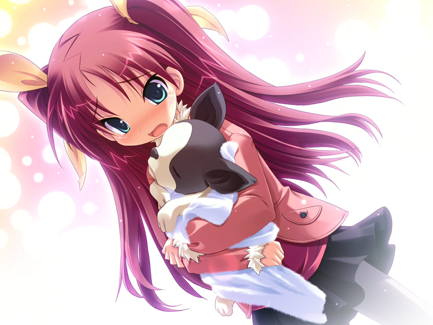animal, blue_eyes, blush, dog, game_cg, harukazedori_ni_tomarigi_wo, loli, momotani_harune, red_hair, skirt, tears, tsurugi_hagane, twintails