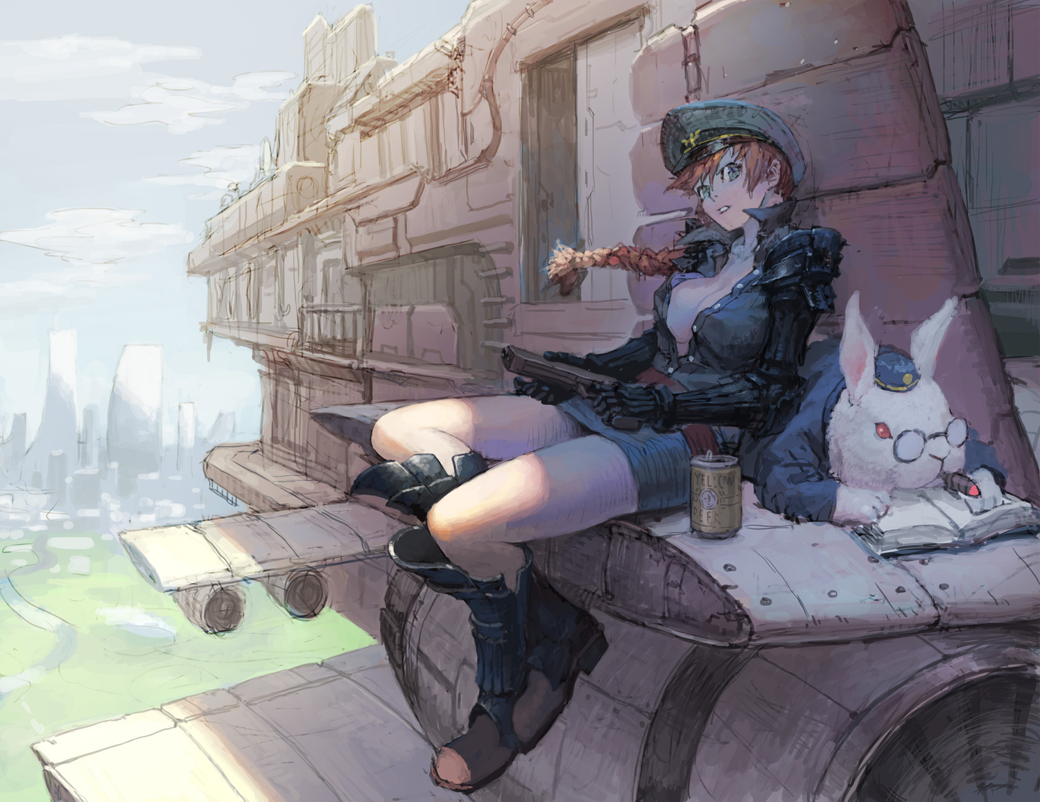 animal, boots, breasts, cleavage, green_eyes, gun, hat, loped