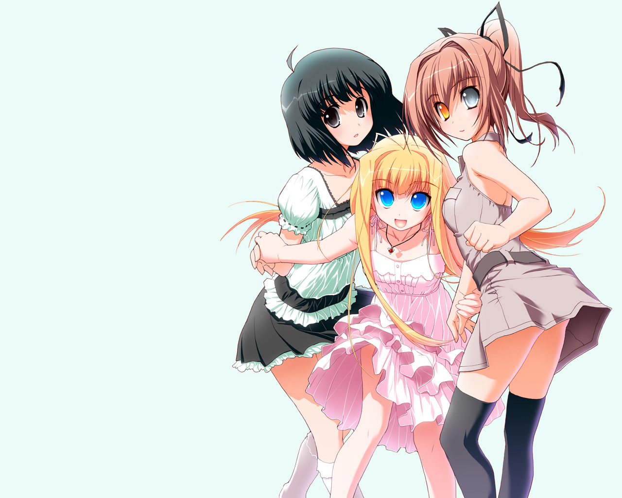 bicolored_eyes, blonde_hair, blue_eyes, brown_hair, dragon, dragon_crisis!, dress, flowers