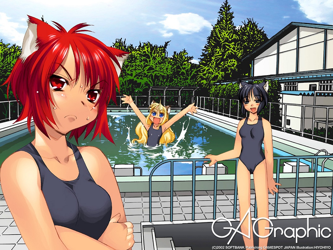 animal_ears, catgirl, gagraphic, hiyohiyo, logo, pool, swimsuit, watermark