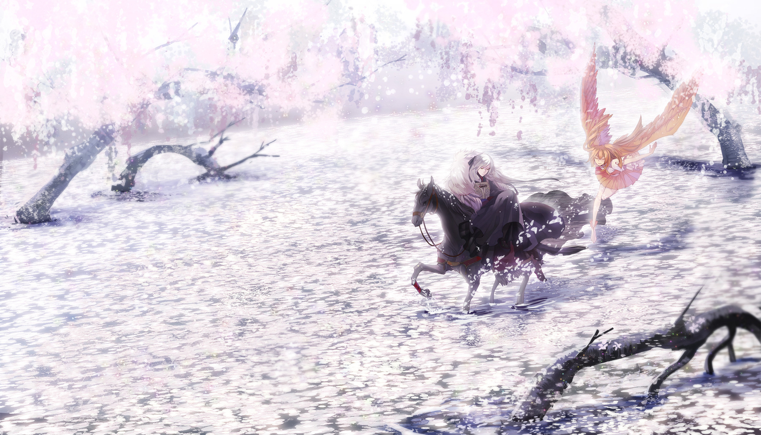 2girls, animal, brown_hair, cherry_blossoms, dress, flowers, horse, kyouka_hatori, long_hair, original, petals, pixiv_fantasia, tree, water, white_hair, wings