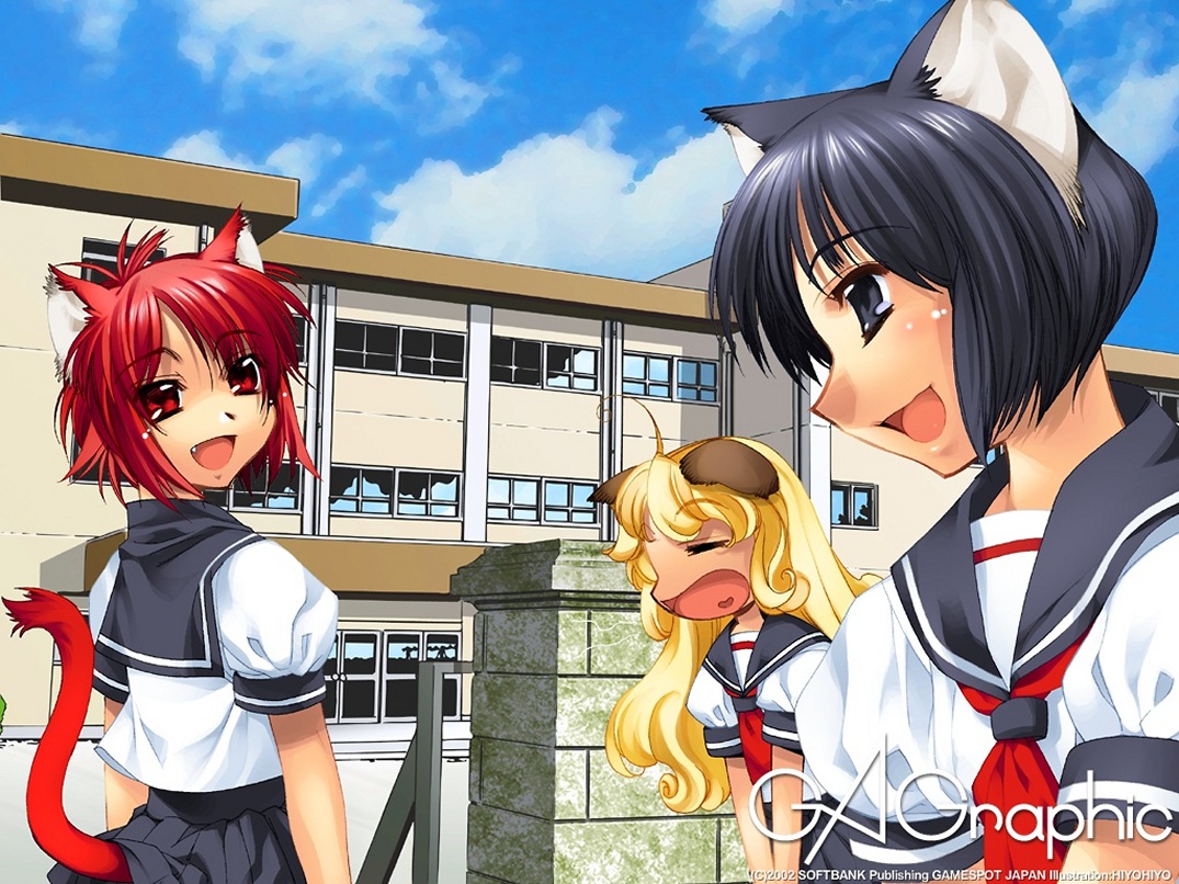 animal_ears, catgirl, gagraphic, hiyohiyo, logo, school_uniform, watermark