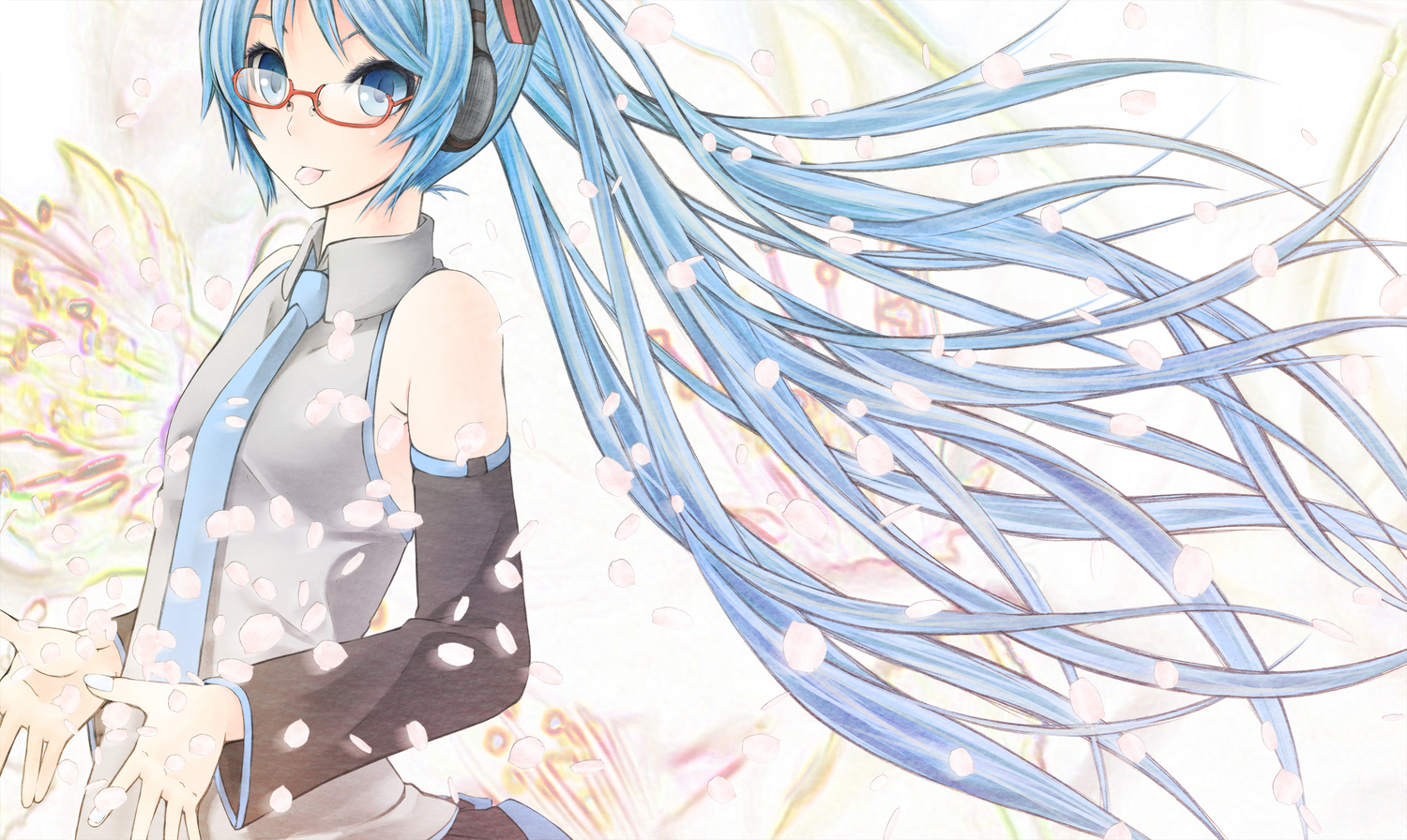 blue_eyes, blue_hair, glasses, hatsune_miku, headphones, long_hair, nekonaka, petals, tie, vocaloid