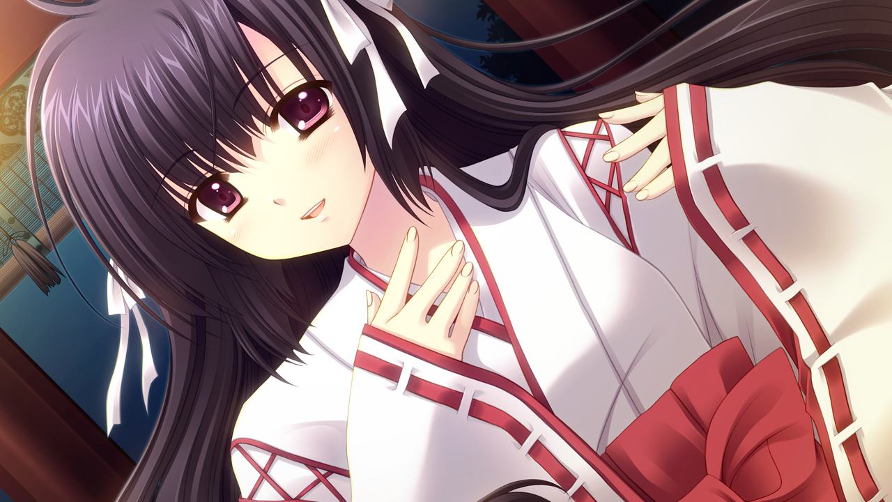 black_hair, game_cg, hananomiya_ako, japanese_clothes, long_hair, miko, nishimata_aoi, purple_eyes