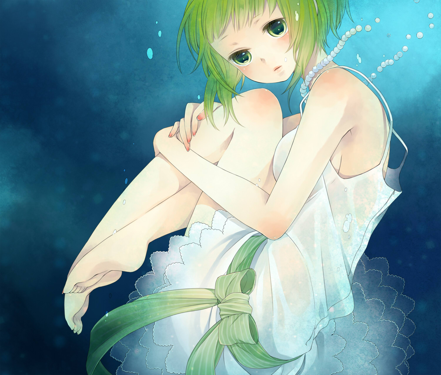 barefoot, dress, green_hair, gumi, nemutagari, vocaloid