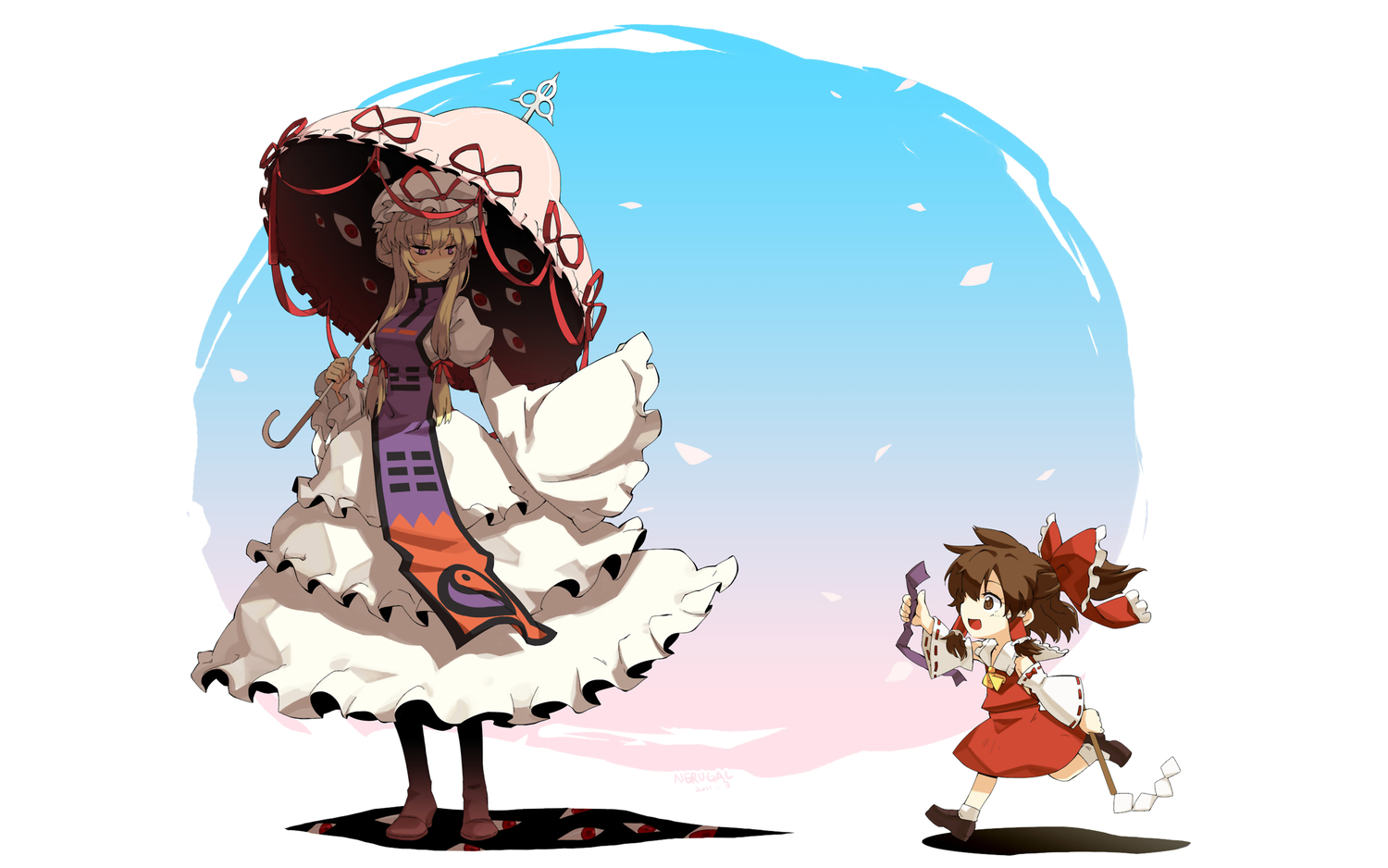2girls, blonde_hair, brown_eyes, brown_hair, hakurei_reimu, japanese_clothes, miko, nerugal, purple_eyes, touhou, umbrella, yakumo_yukari