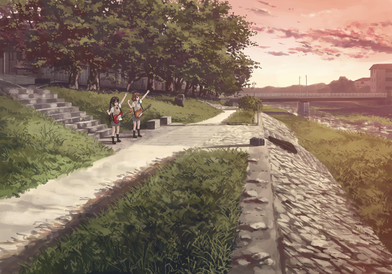 2girls, guitar, hirasawa_yui, instrument, isou_nagi, k-on!, nakano_azusa, school_uniform