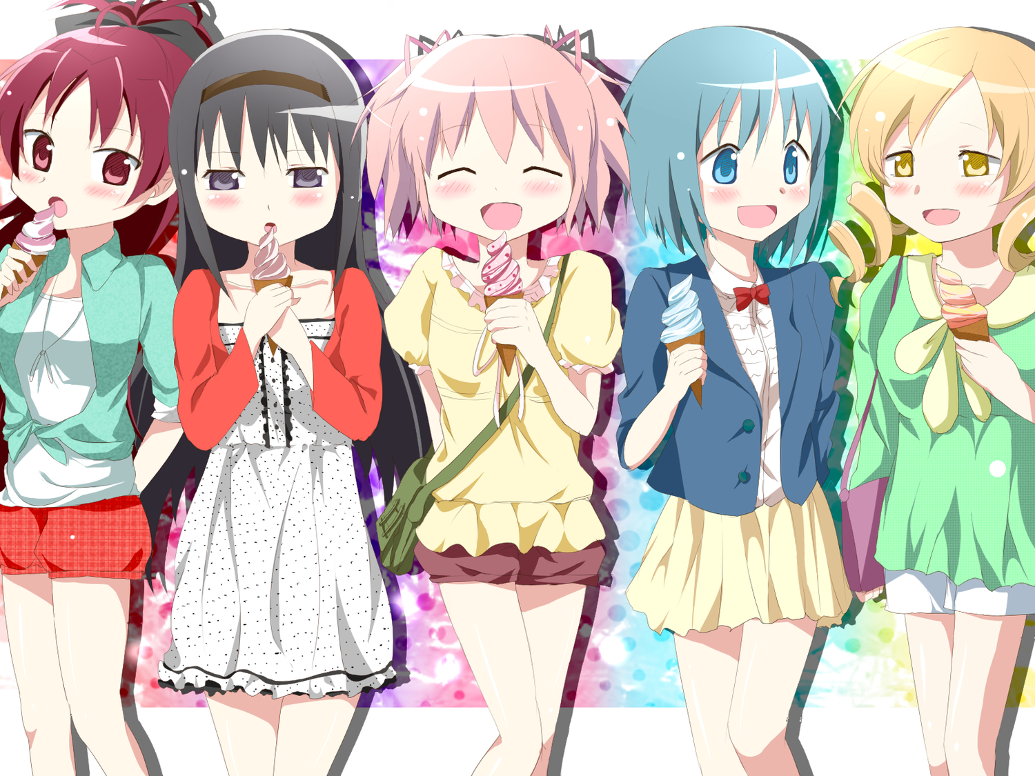 akemi_homura, black_hair, blonde_hair, blue_eyes, blue_hair, food, headband, ice_cream, kaname_madoka, mahou_shoujo_madoka_magica, miki_sayaka, pink_hair, purple_eyes, red_eyes, red_hair, sakura_kyouko, sayaka_(ponkichi), tomoe_mami, yellow_eyes