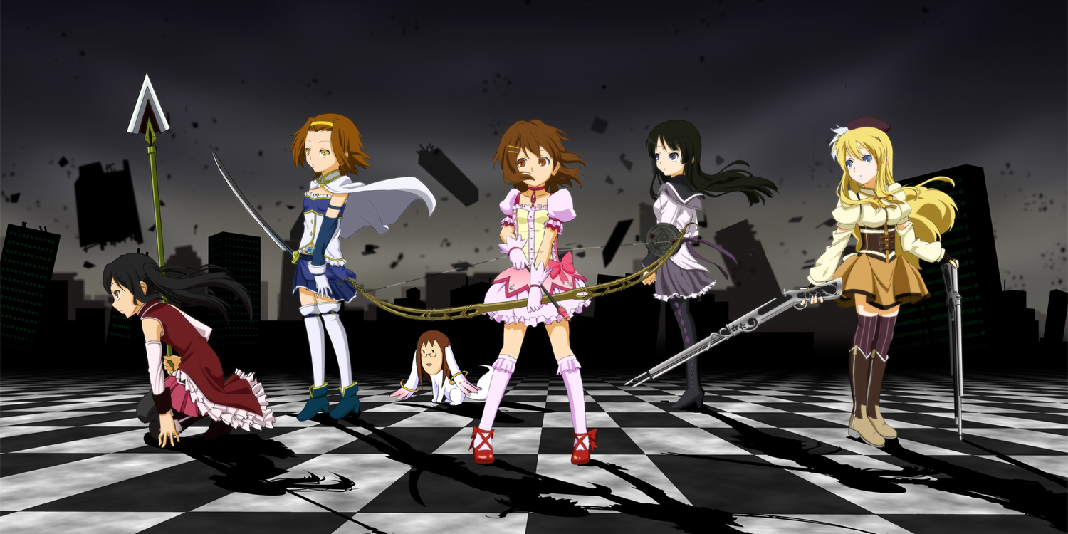 akiyama_mio, bow, bow_(weapon), cosplay, gun, hirasawa_yui, hiro_23_kura, k-on!, kotobuki_tsumugi, mahou_shoujo_madoka_magica, nakano_azusa, skirt, spear, tainaka_ritsu, weapon, yamanaka_sawako