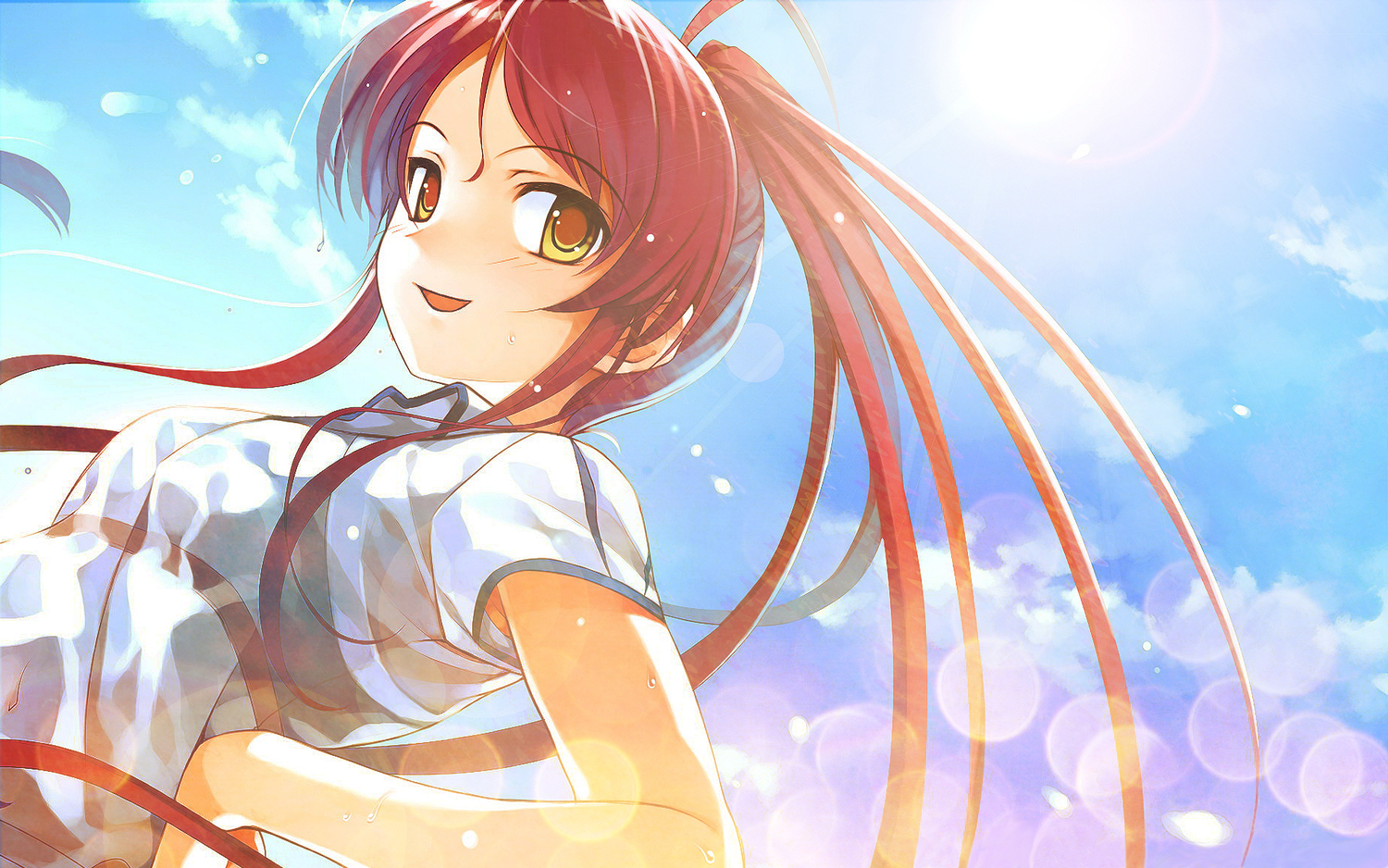 deep_blue_sky_&_pure_white_wings, long_hair, misaki_kurehito, miyamae_tomoka, red_hair, sky
