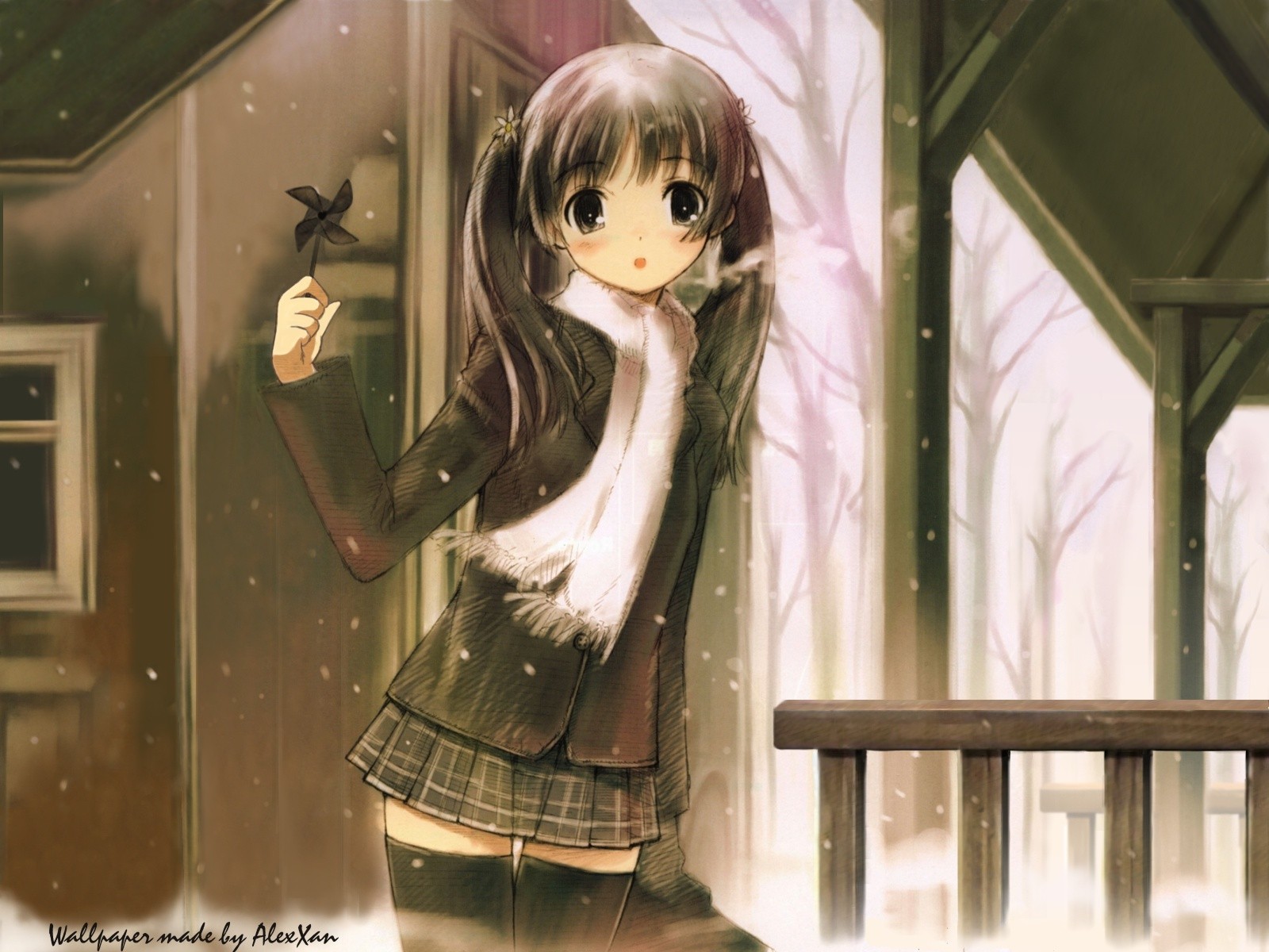 black_eyes, black_hair, flowers, kawata_hisashi, mizuki_mana, scarf, signed, skirt, snow, thighhighs, tree, twintails, white_album