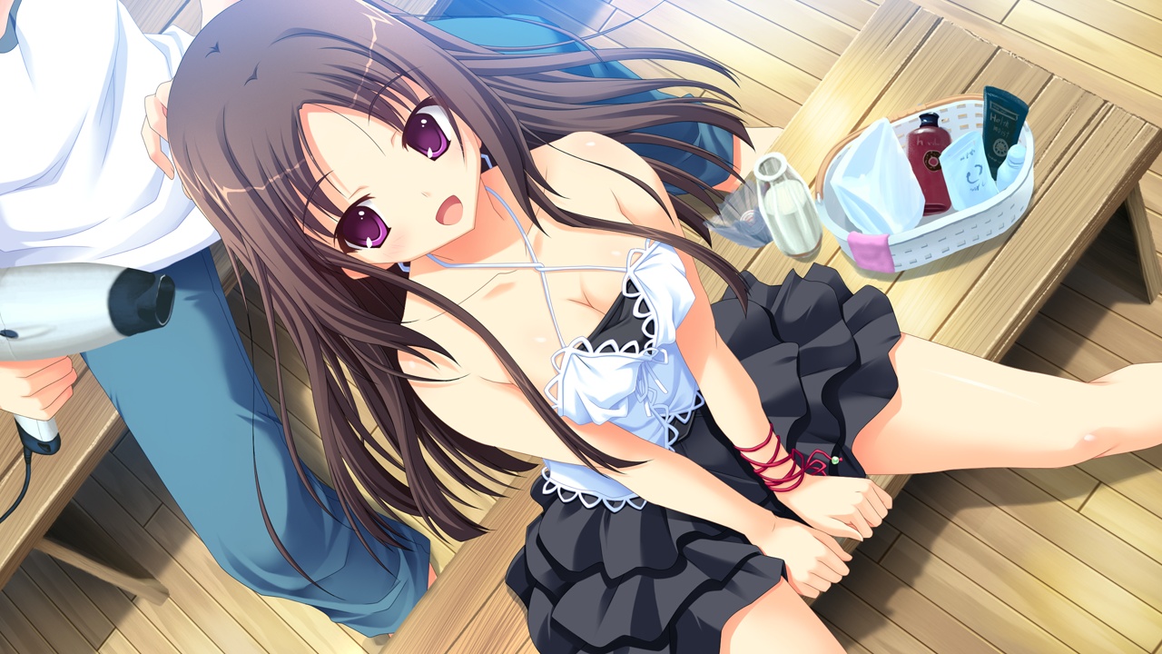 ama_ane, breasts, brown_hair, cleavage, game_cg, kikurage, peassoft, pink_eyes, yashima_otome