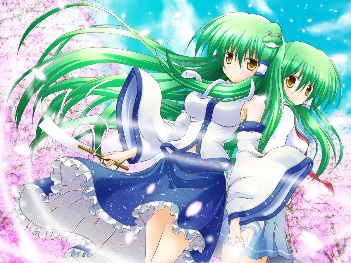 cherry_blossoms, flowers, green_hair, japanese_clothes, kochiya_sanae, long_hair, miko, navel