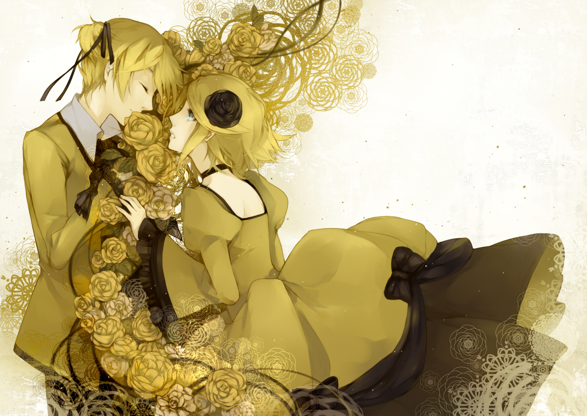 aku_no_musume_(vocaloid), aoshiki, blonde_hair, choker, dress, flowers, kagamine_len, kagamine_rin