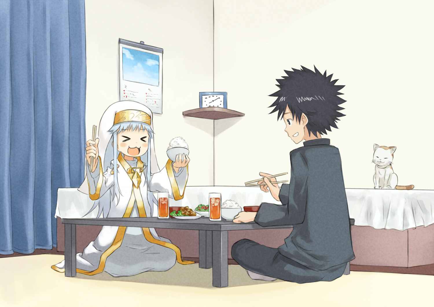 animal, bed, black_hair, blush, cat, cat_smile, chiroru_(7450n), drink, food, gray_hair, hat, index, kamijou_touma, long_hair, nun, school_uniform, short_hair, sphynx_(to_aru), to_aru_majutsu_no_index