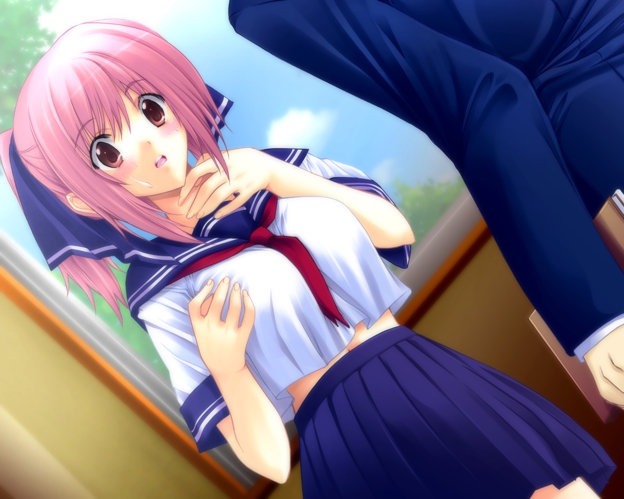 blush, iizuki_tasuku, kirihara_mana, pink_eyes, pink_hair, school_uniform, short_hair, skirt, temptation_h