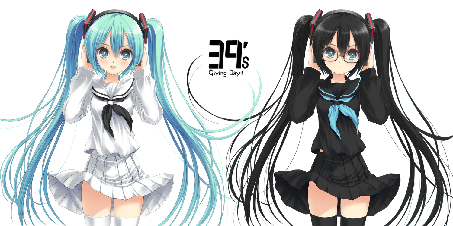 aqua_hair, black_hair, erinngi, glasses, hatsune_miku, headphones, long_hair, school_uniform, thighhighs, twintails, vocaloid, white