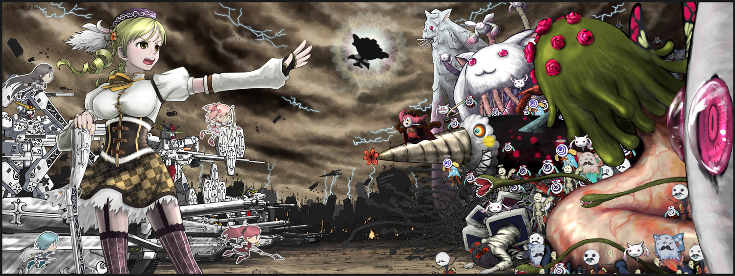 akemi_homura, charlotte_(mahou_shoujo_madoka_magica), kaname_madoka, kimishin, kyuubee, mahou_shoujo_madoka_magica, miki_sayaka, mobile_suit_gundam, sakura_kyouko, tomoe_mami