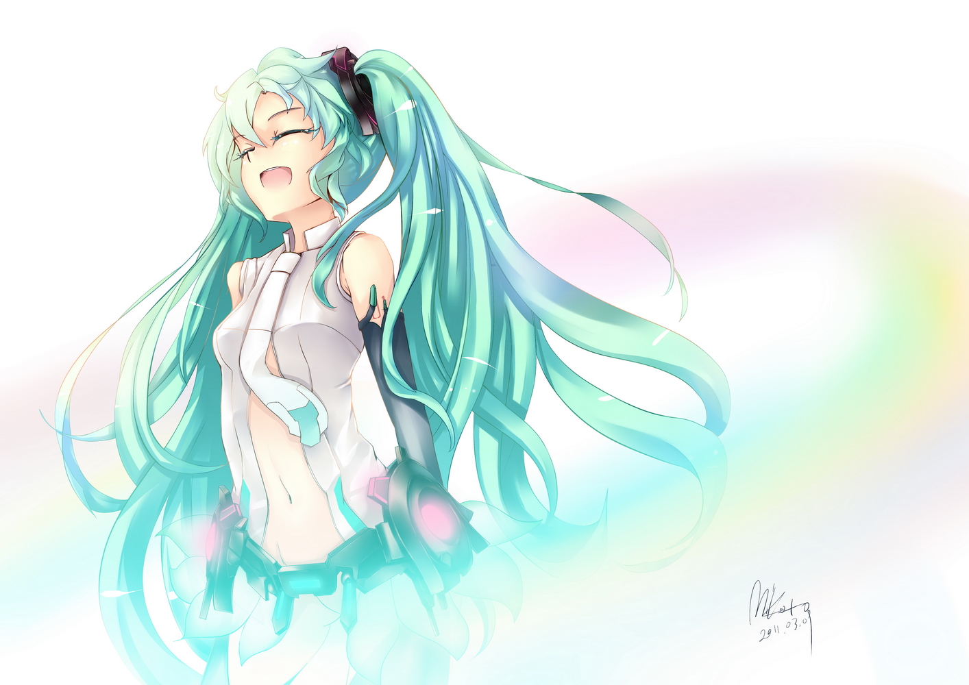aqua_hair, hatsune_miku, headphones, mikoto_(mio), miku_append, signed, tie, twintails, vocaloid