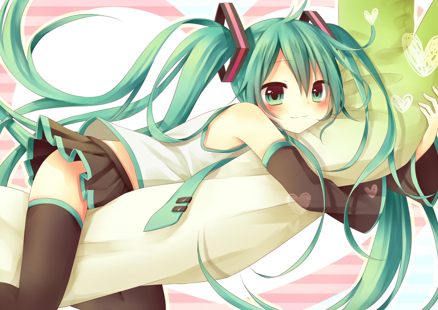 amane_kurumi, blush, green_eyes, green_hair, hatsune_miku, long_hair, thighhighs, twintails